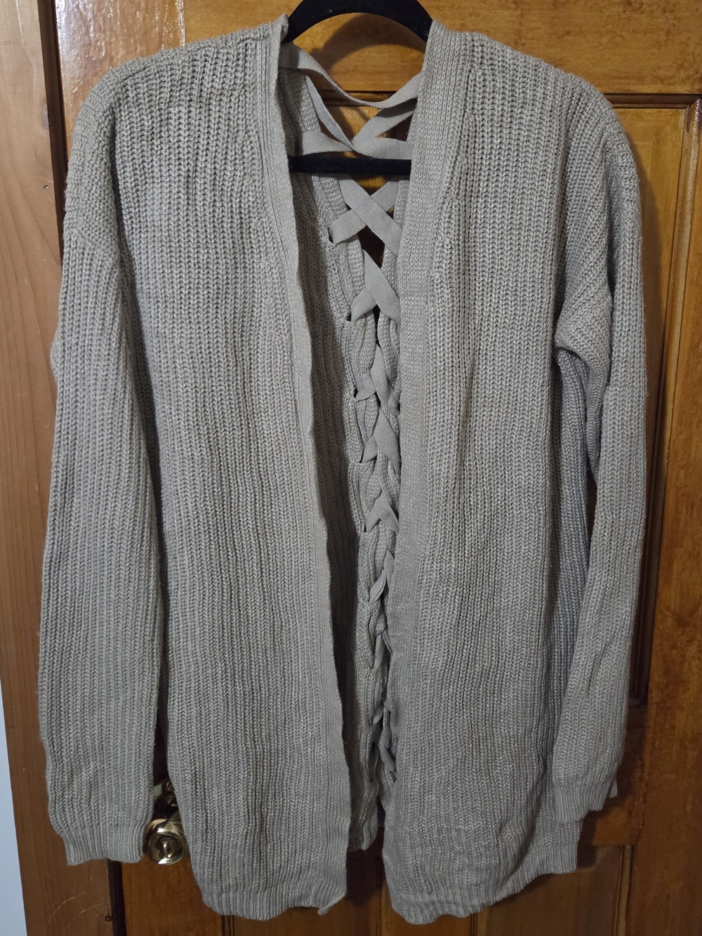 Poof! Tan Open Front Cardigan with Braided Back Detail